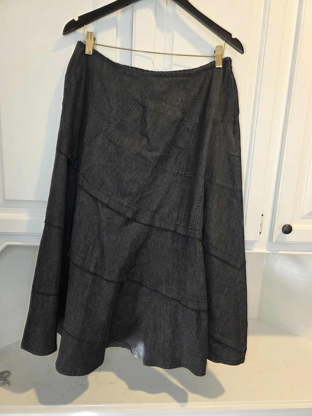 Sandro Sport Gray Denim Patchwork A-Line Midi Skirt Size 12 - Picture 2 of 7